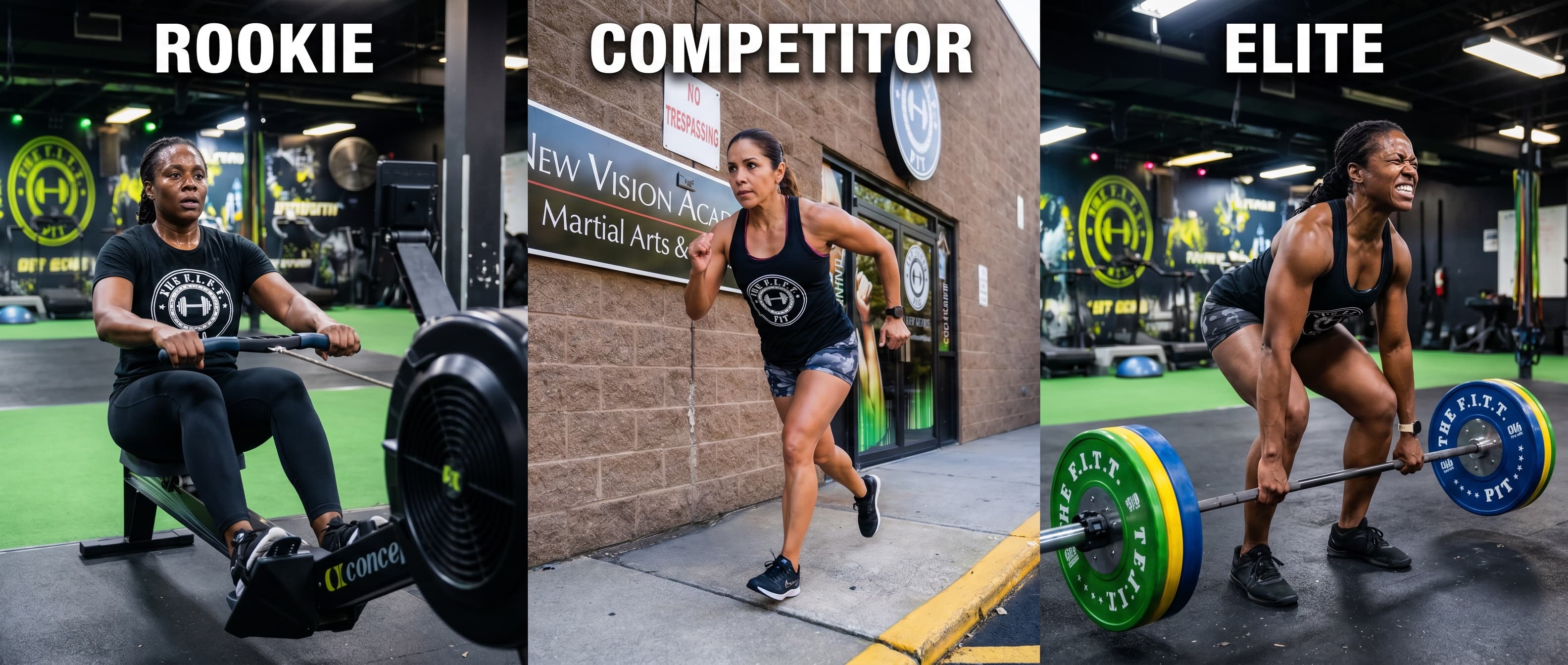 Rookie, Competitor, and Elite athletes side by side
