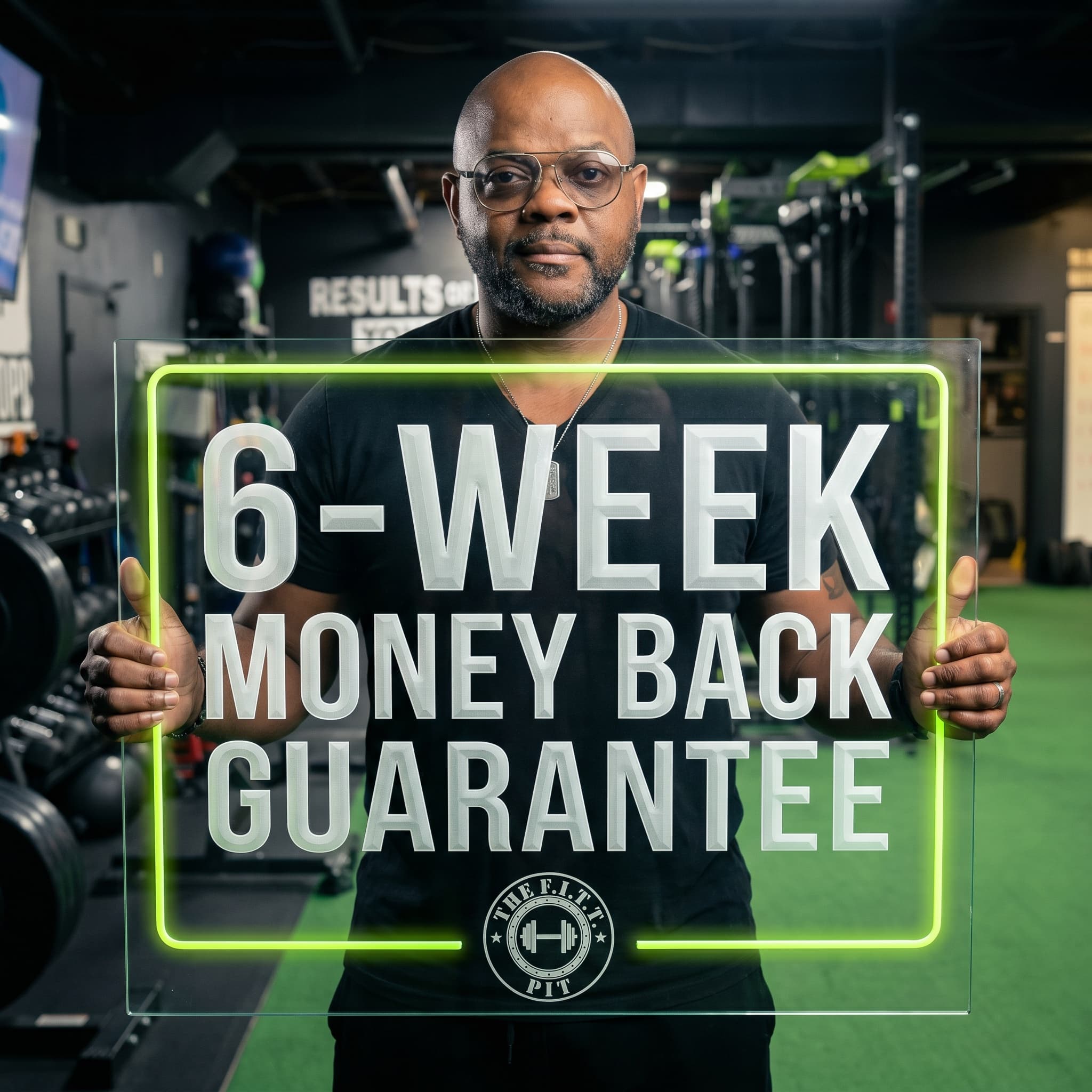 Coach Andre holding the Show-Up Guarantee sign